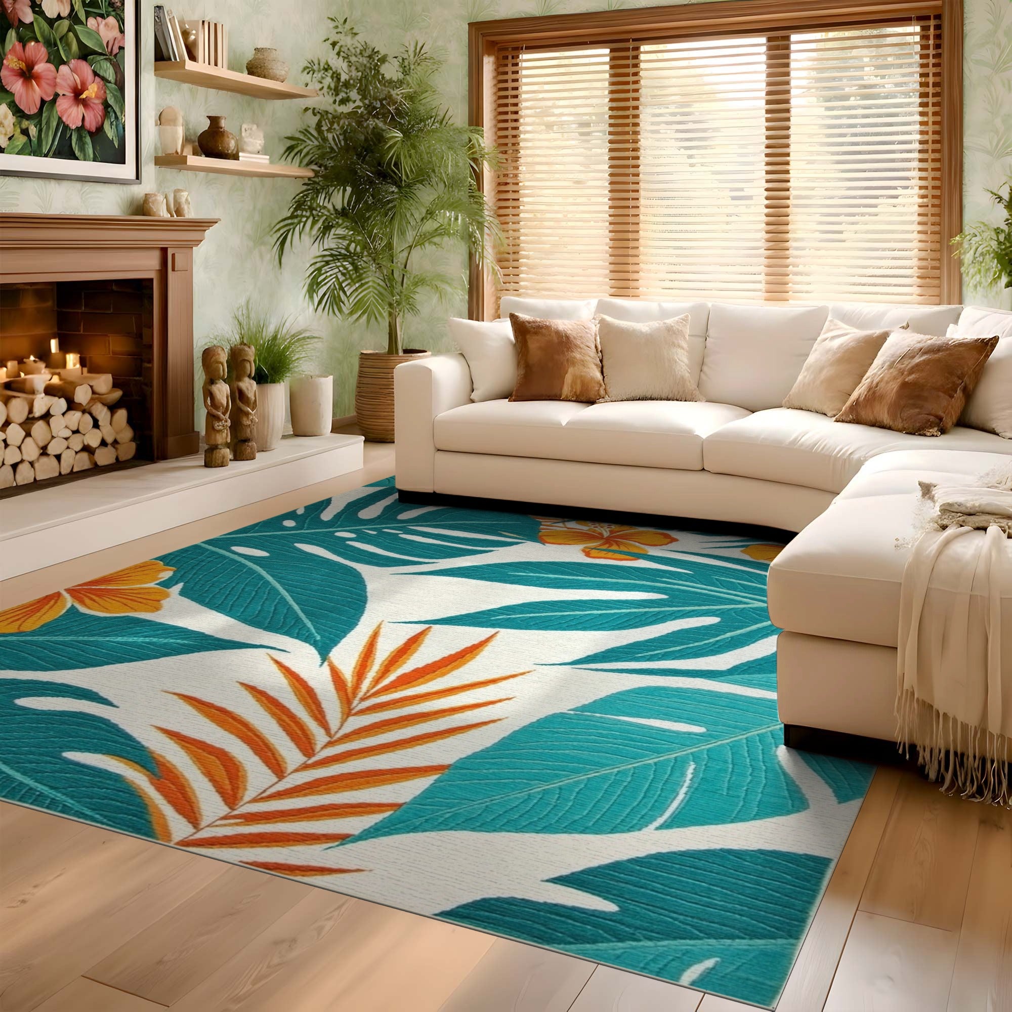ODIKA Washable Tropical Palm Leaf & Hibiscus Area Rug - Teal & Orange Non-Slip Low Pile