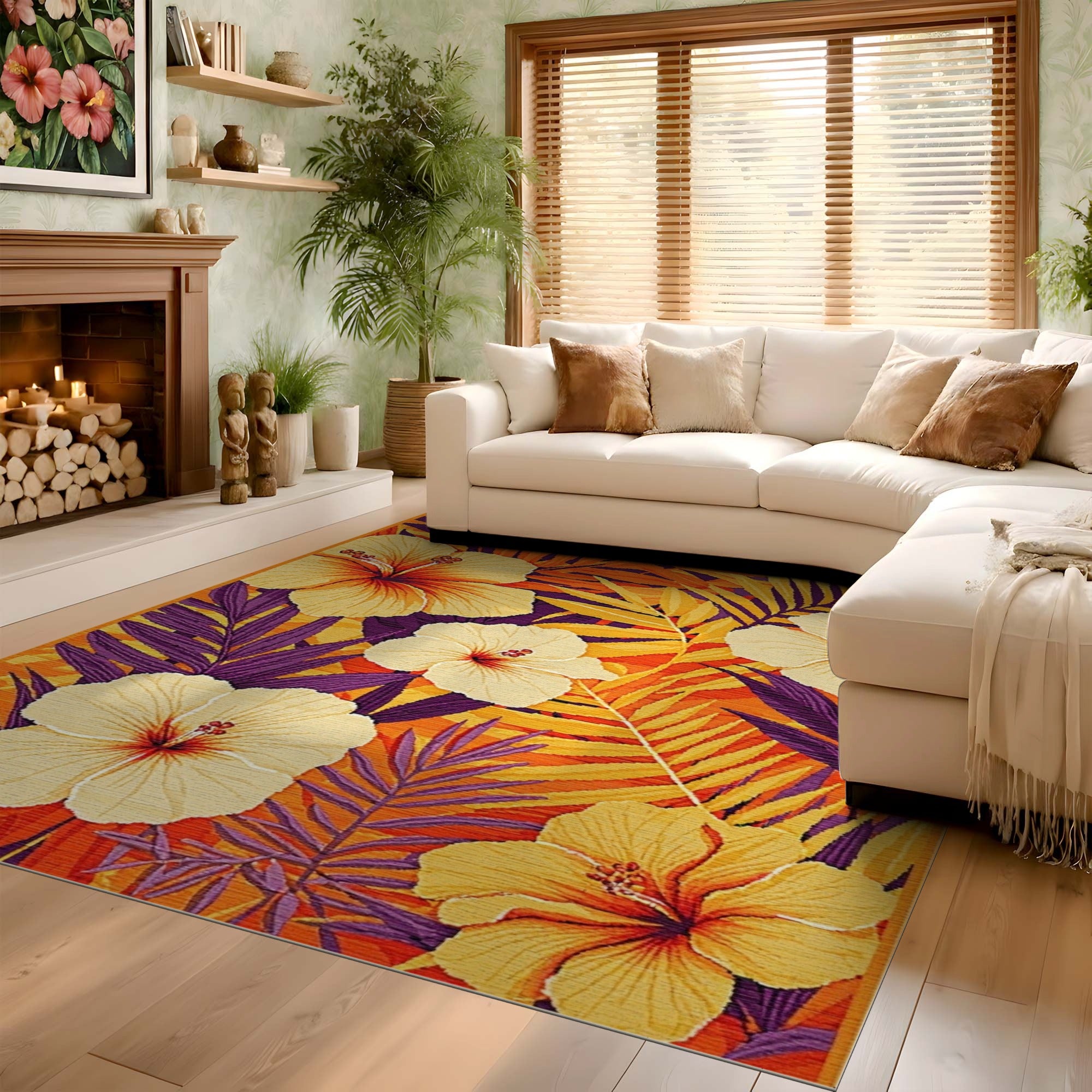 ODIKA Tropical Hibiscus Washable Area Rug - Orange & Yellow Palm Floral, Low Pile Non-Slip