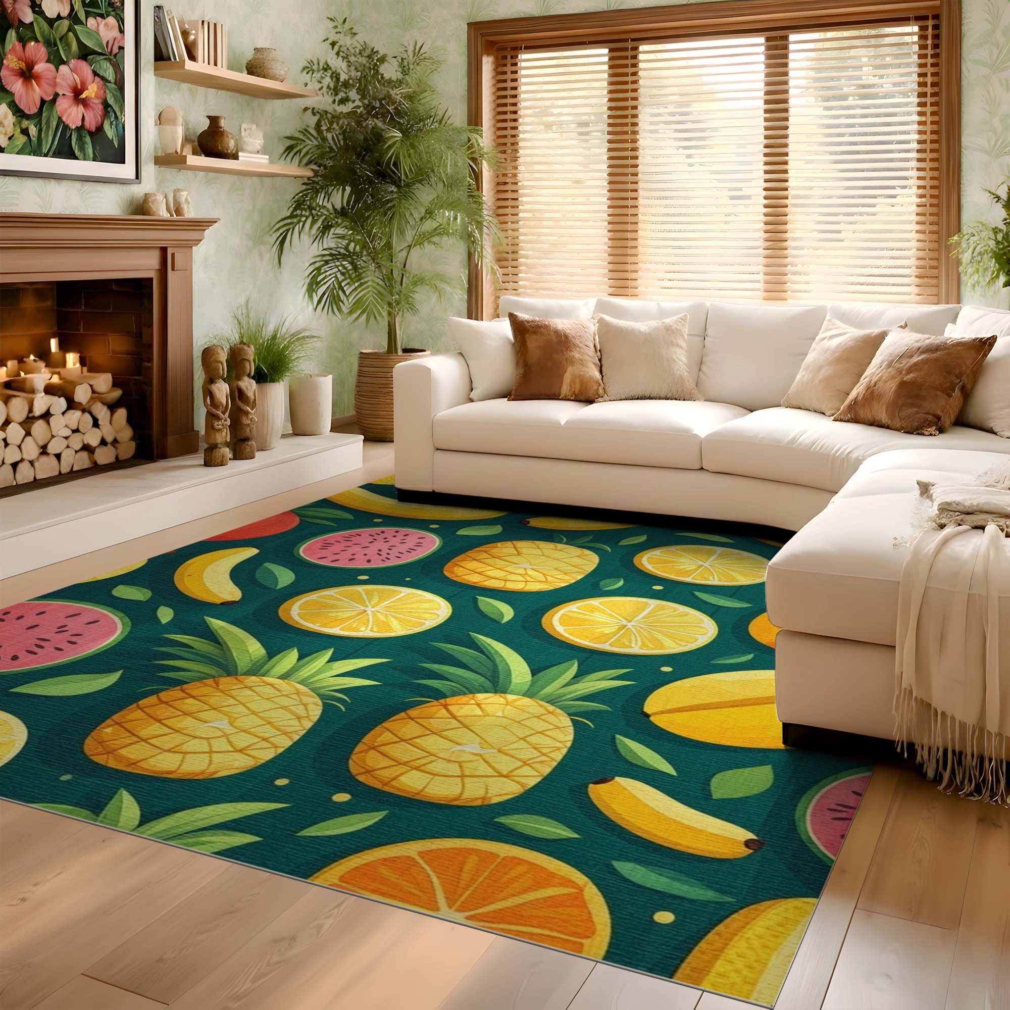 ODIKA Colorful Tropical Fruit Washable Area Rug - Non-Slip Low Pile