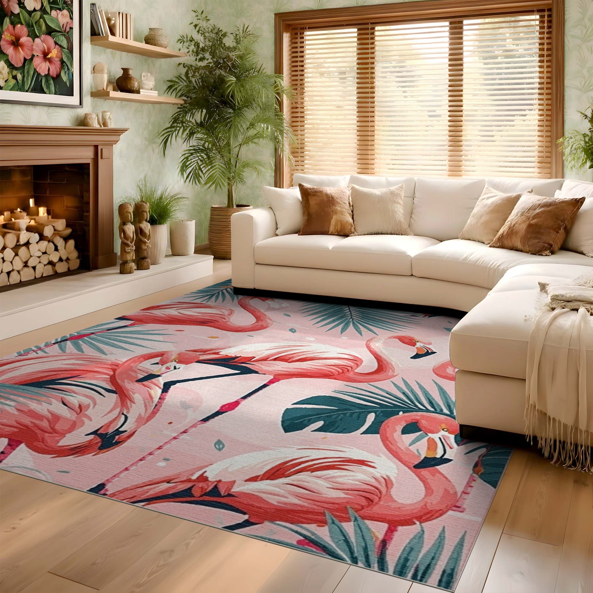 ODIKA Tropical Flamingo Pink Washable Area Rug - Non-Slip Low Pile Pet Friendly