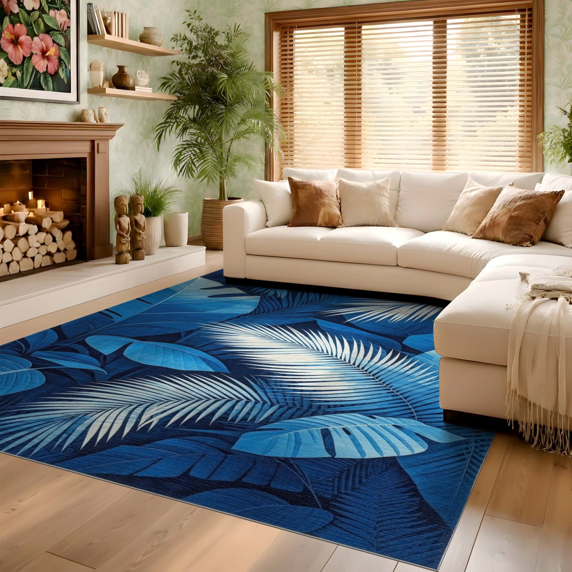ODIKA Washable Blue Tropical Leaf Area Rug - Low Pile Non-Slip Modern Botanical Rug