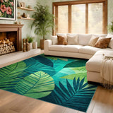 ODIKA Tropical Palm Leaf Washable Area Rug - Green Low Pile Non-Slip Botanical Rug