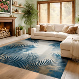 ODIKA Washable Blue Tropical Palm Leaf Area Rug - Low Pile Non-Slip Coastal Decor