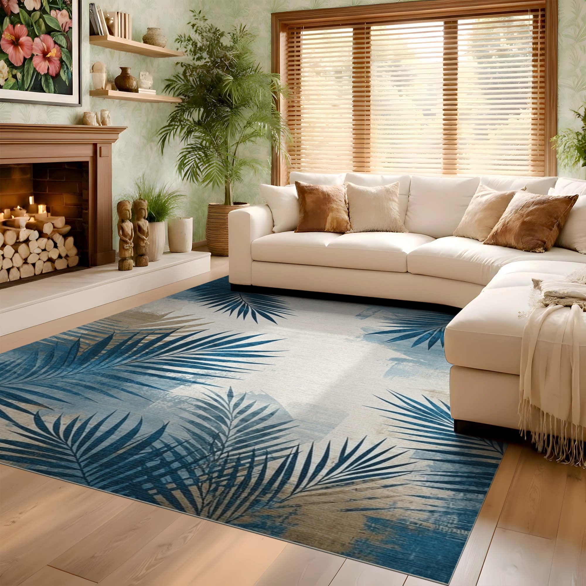 ODIKA Washable Blue Tropical Palm Leaf Area Rug - Low Pile Non-Slip Coastal Decor