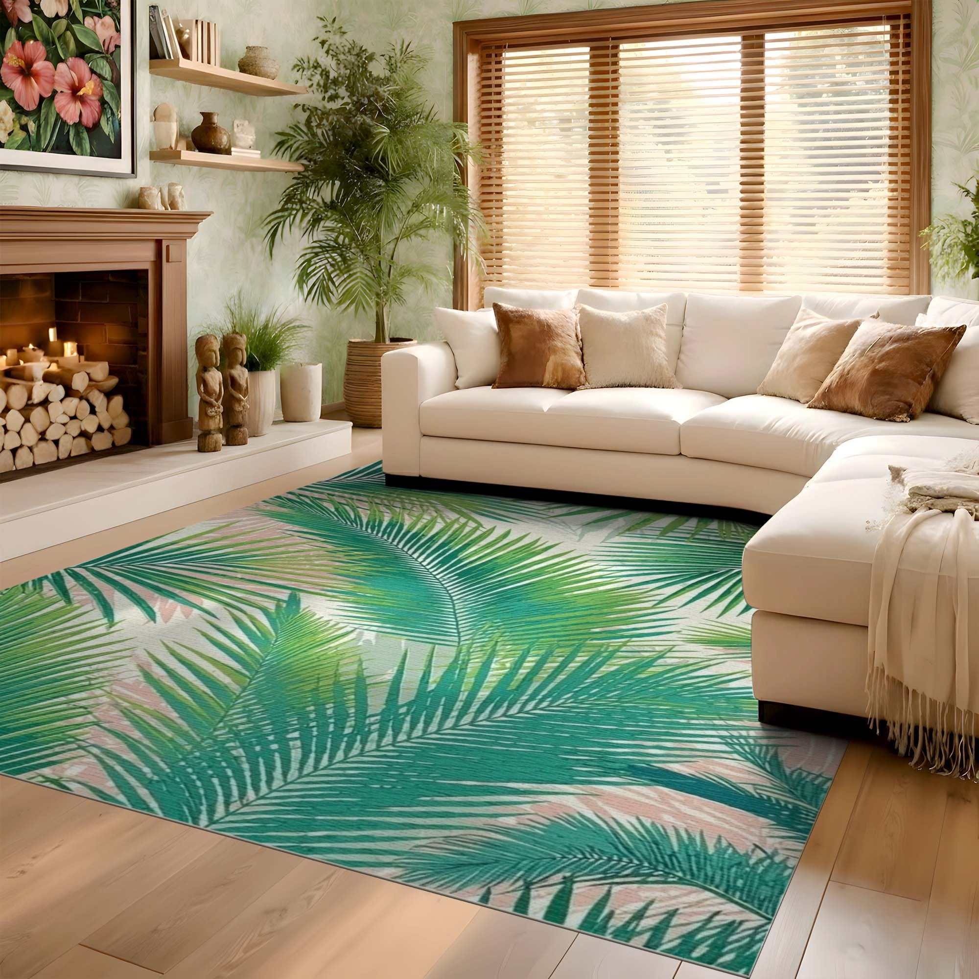 ODIKA Washable Tropical Palm Leaf Rug - Low Pile Non-Slip Botanical Area Rug