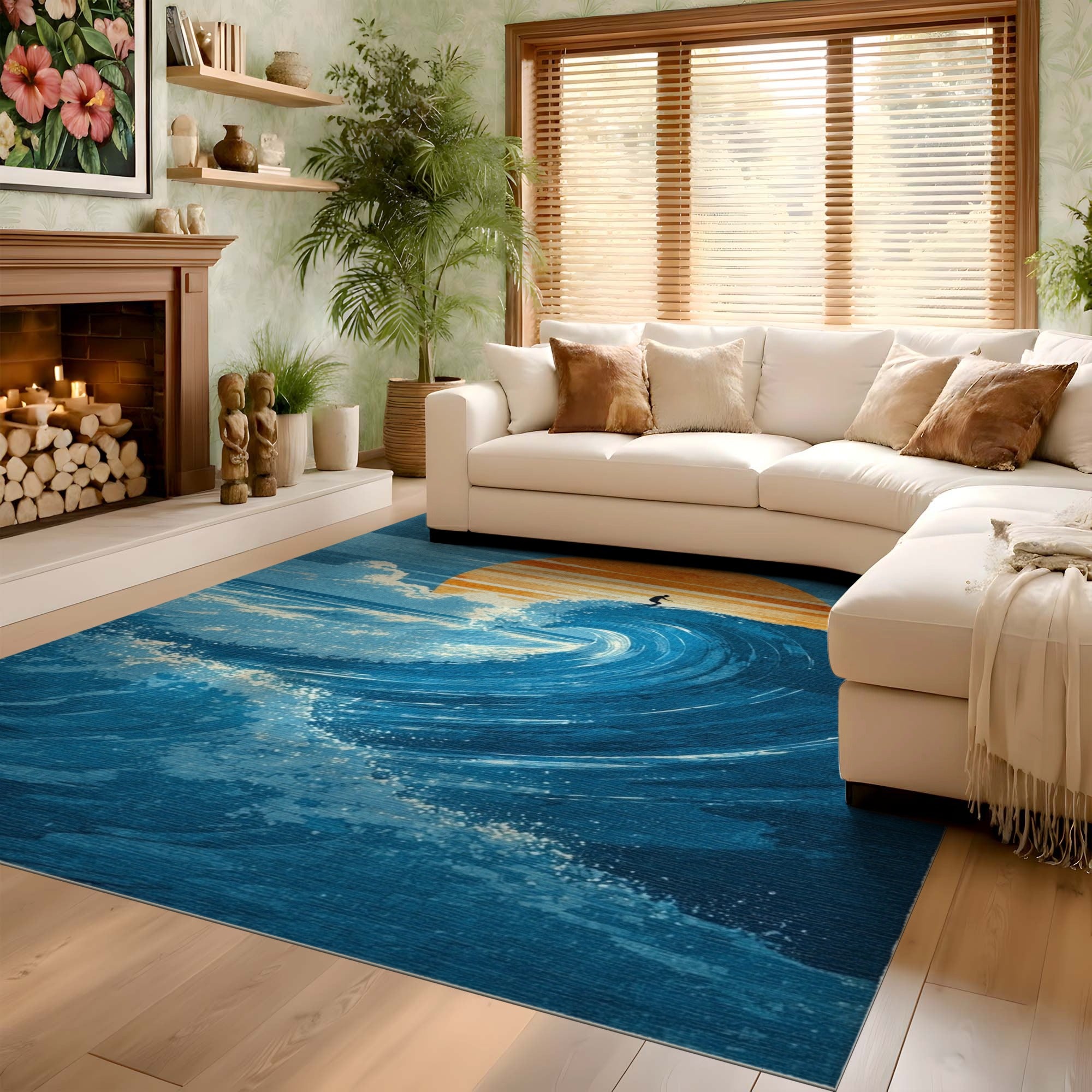 ODIKA Washable Retro Surfing Wave Area Rug - Low Pile Non-Slip Coastal Art