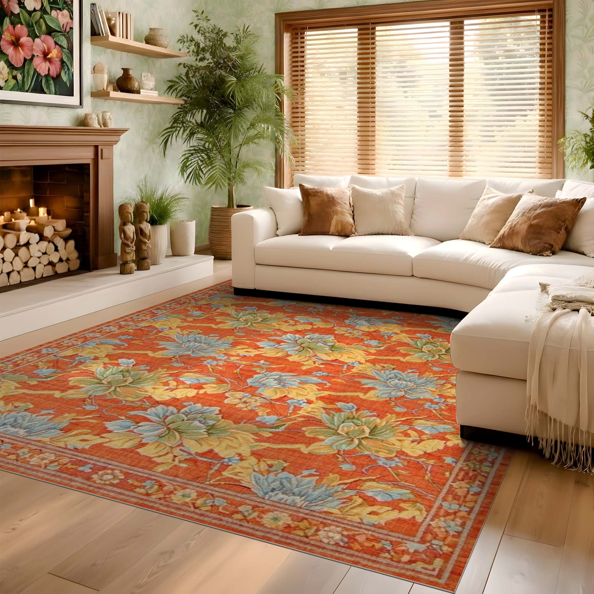 ODIKA Washable Vintage Floral Orange Area Rug - Non-Slip Low Pile Carpet
