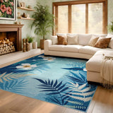 ODIKA Washable Teal Tropical Plumeria Floral Area Rug - Low Pile Non-Slip