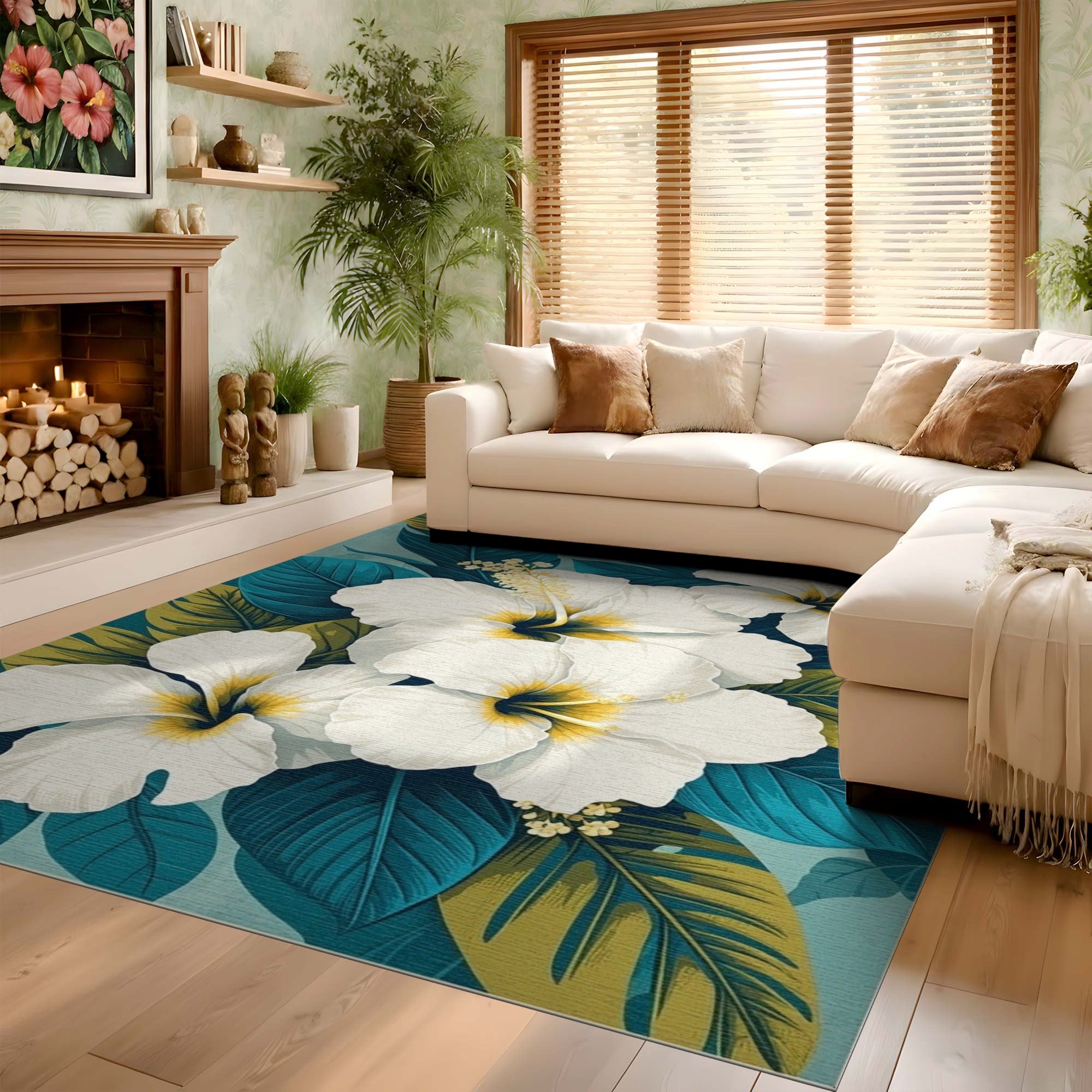 ODIKA Tropical Hibiscus White Floral Washable Area Rug - Low Pile Non-Slip Floor Decor