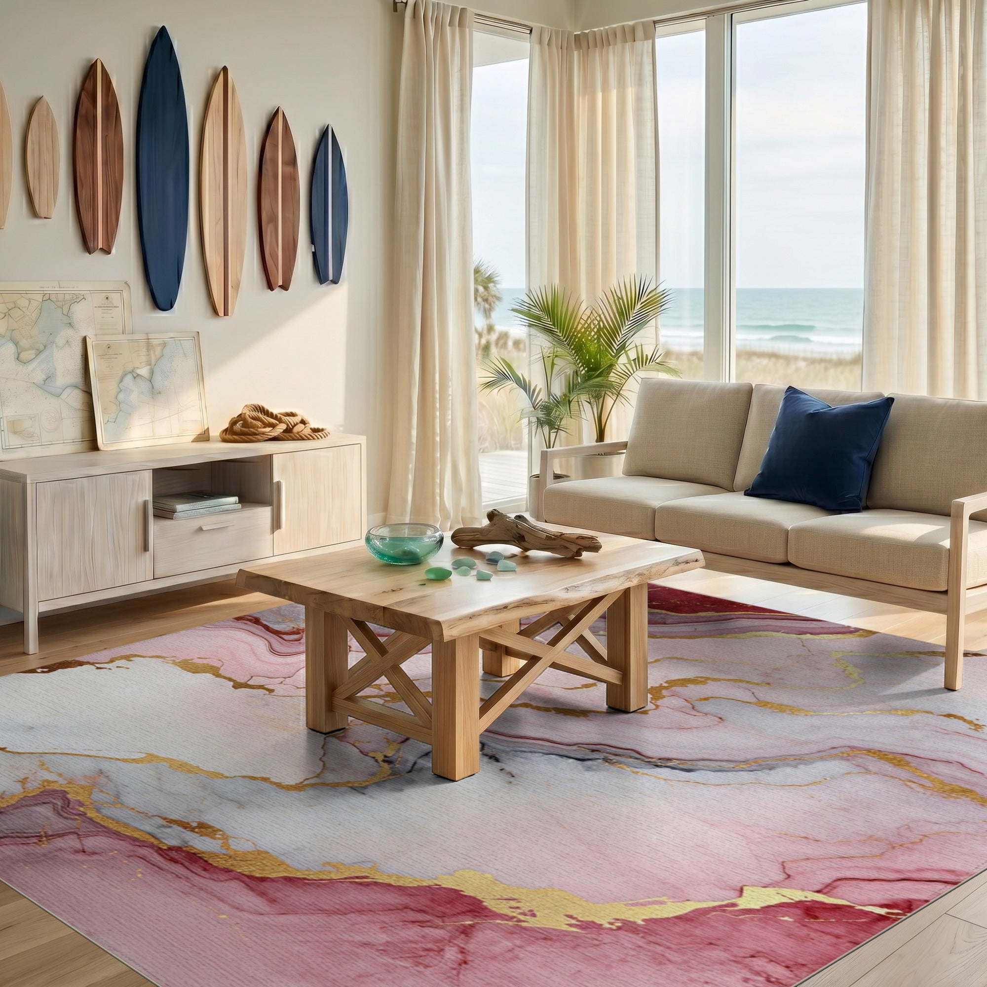 Pink Gold Veined Marble Abstract Area Rug