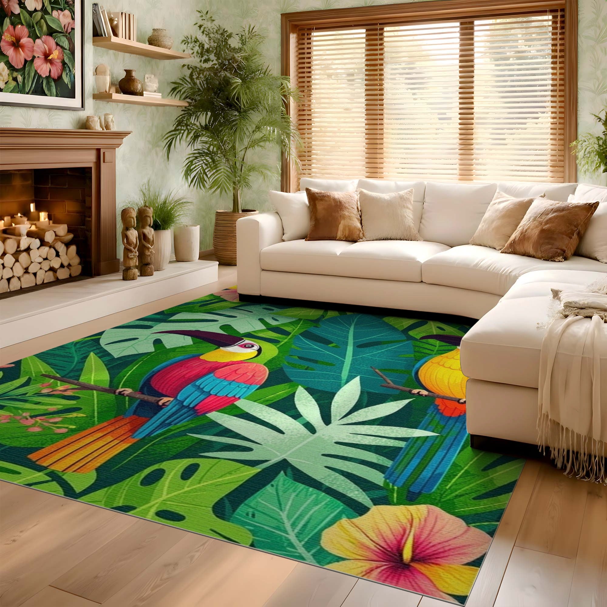 ODIKA Tropical Jungle Parrot Washable Rug - Low Pile Non-Slip Botanical Area Rug