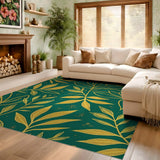 ODIKA Washable Emerald Green and Gold Botanical Leaf Area Rug - Low Pile & Non-Slip