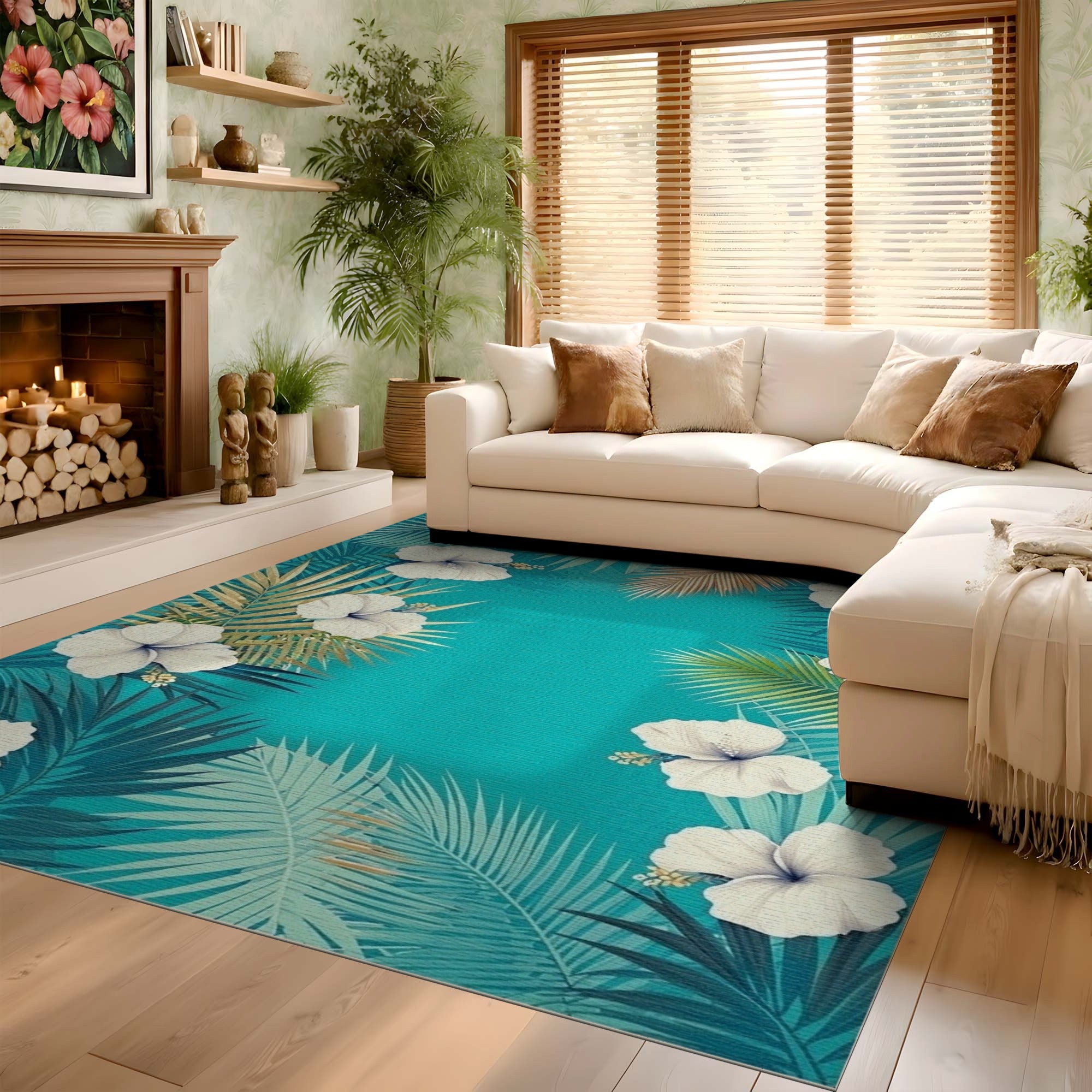 ODIKA Tropical Hibiscus Teal Washable Area Rug - Low Pile & Non-Slip