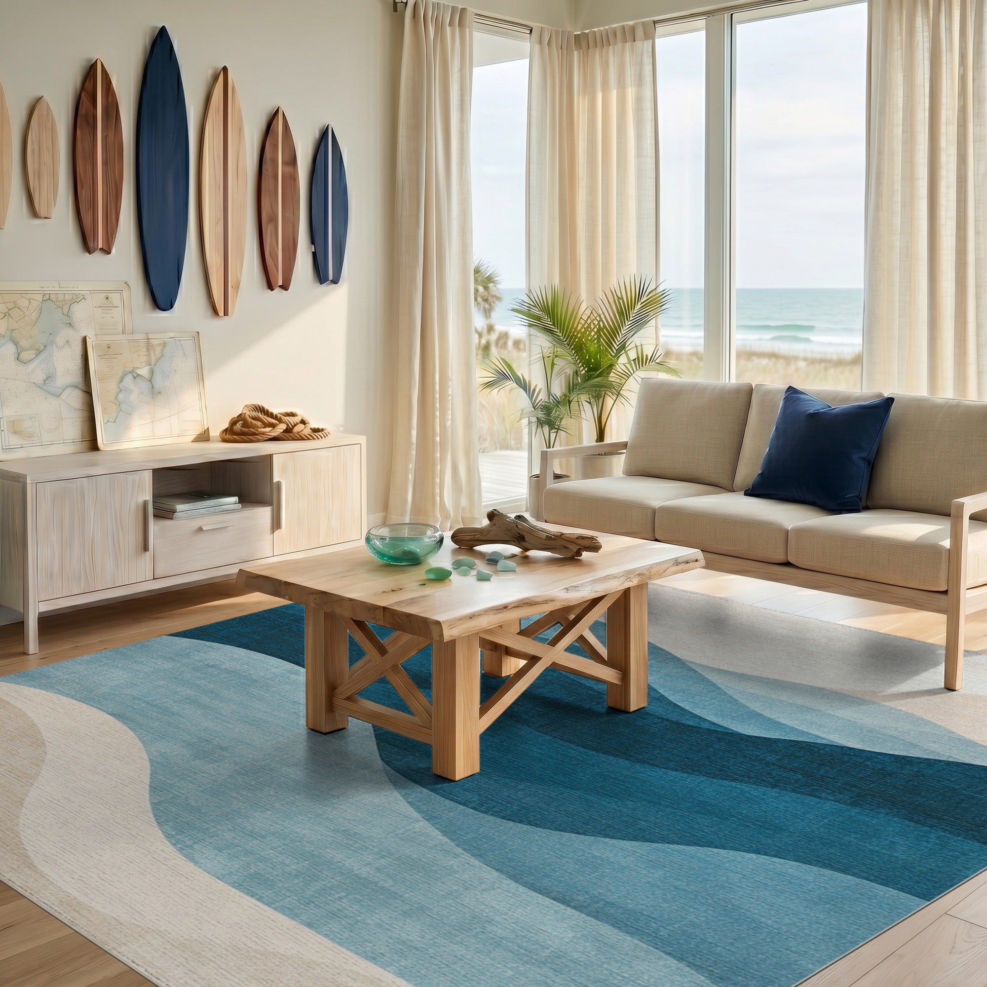 Abstract Area Blue and Teal Layered Blue Waves Abstract Area Rug