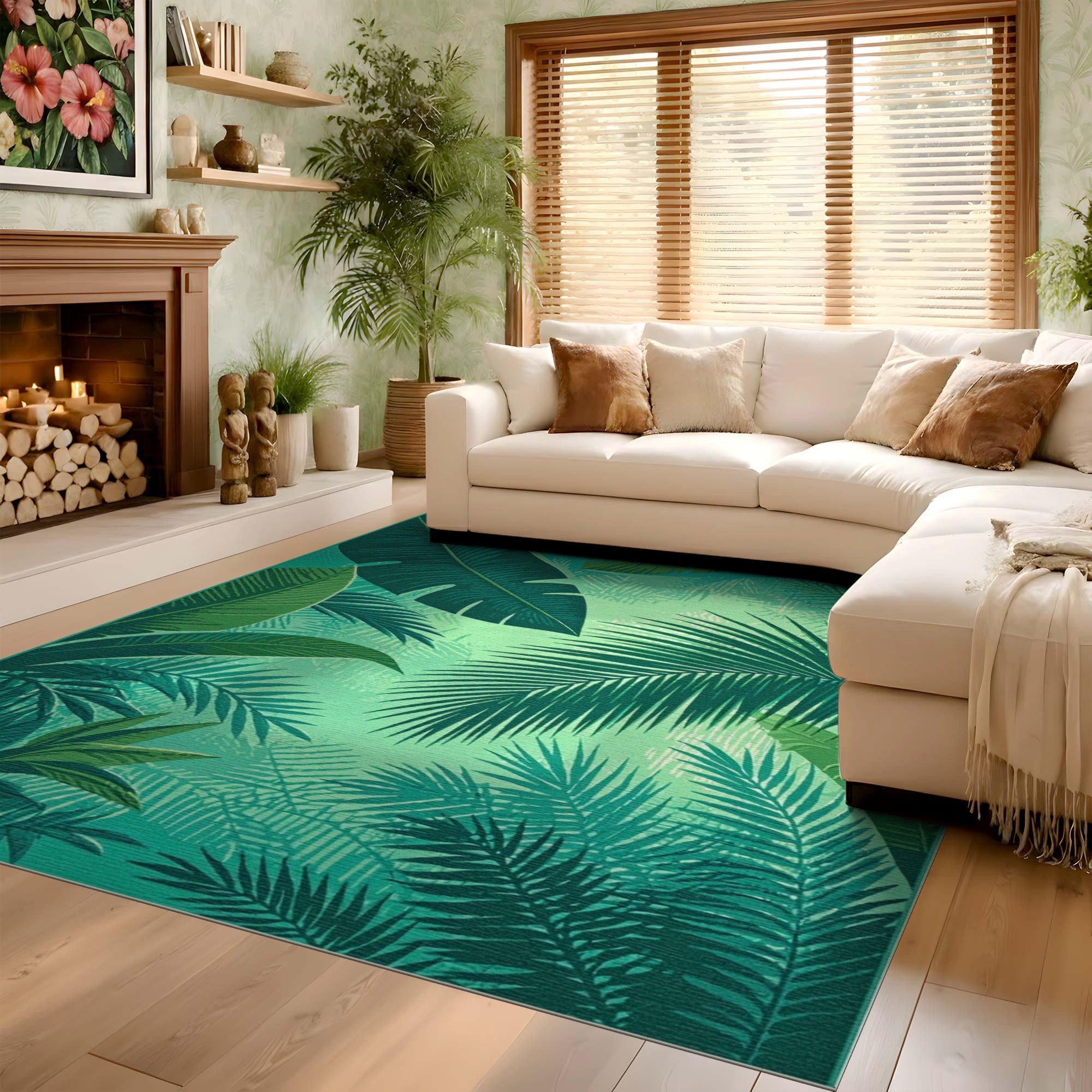 ODIKA Tropical Green Palm Leaf Washable Rug - Low Pile, Non-Slip & Pet Friendly