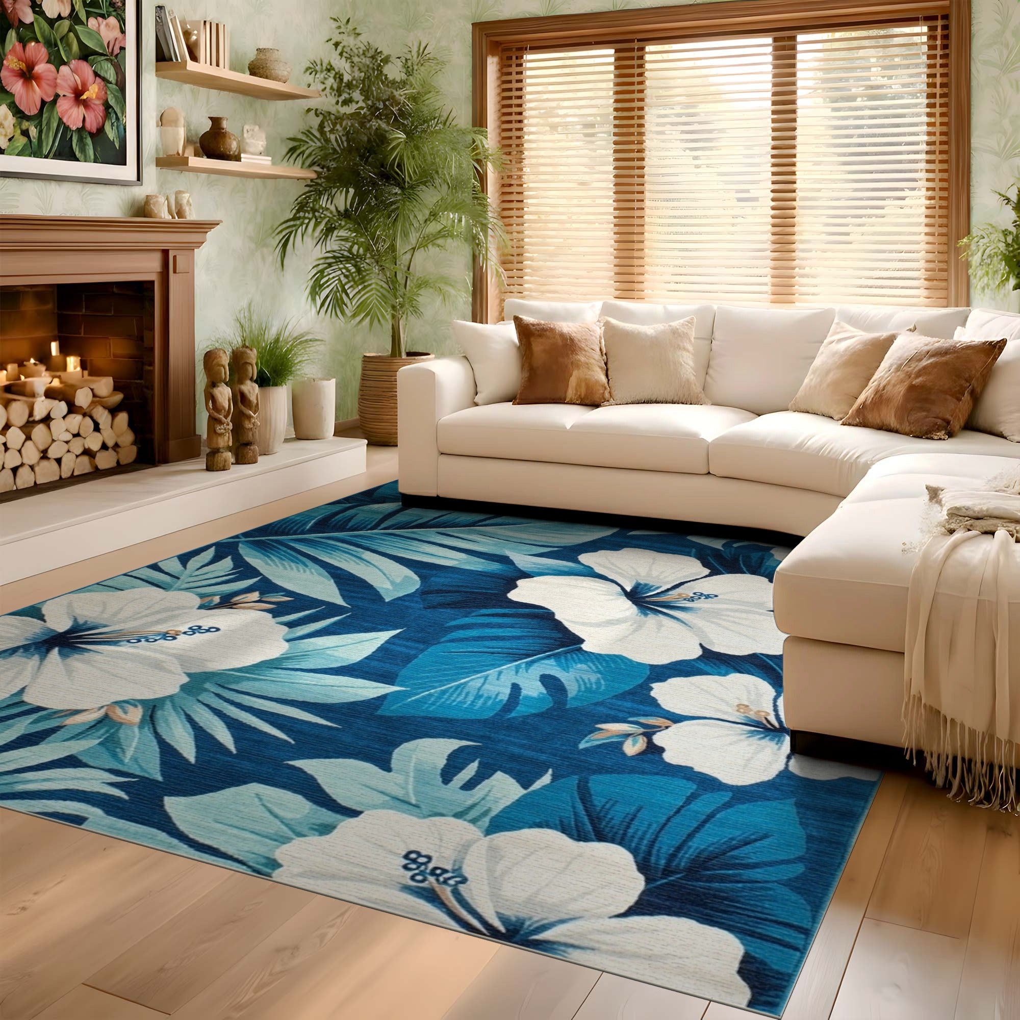 ODIKA Blue Tropical Hibiscus Floral Washable Low Pile Area Rug