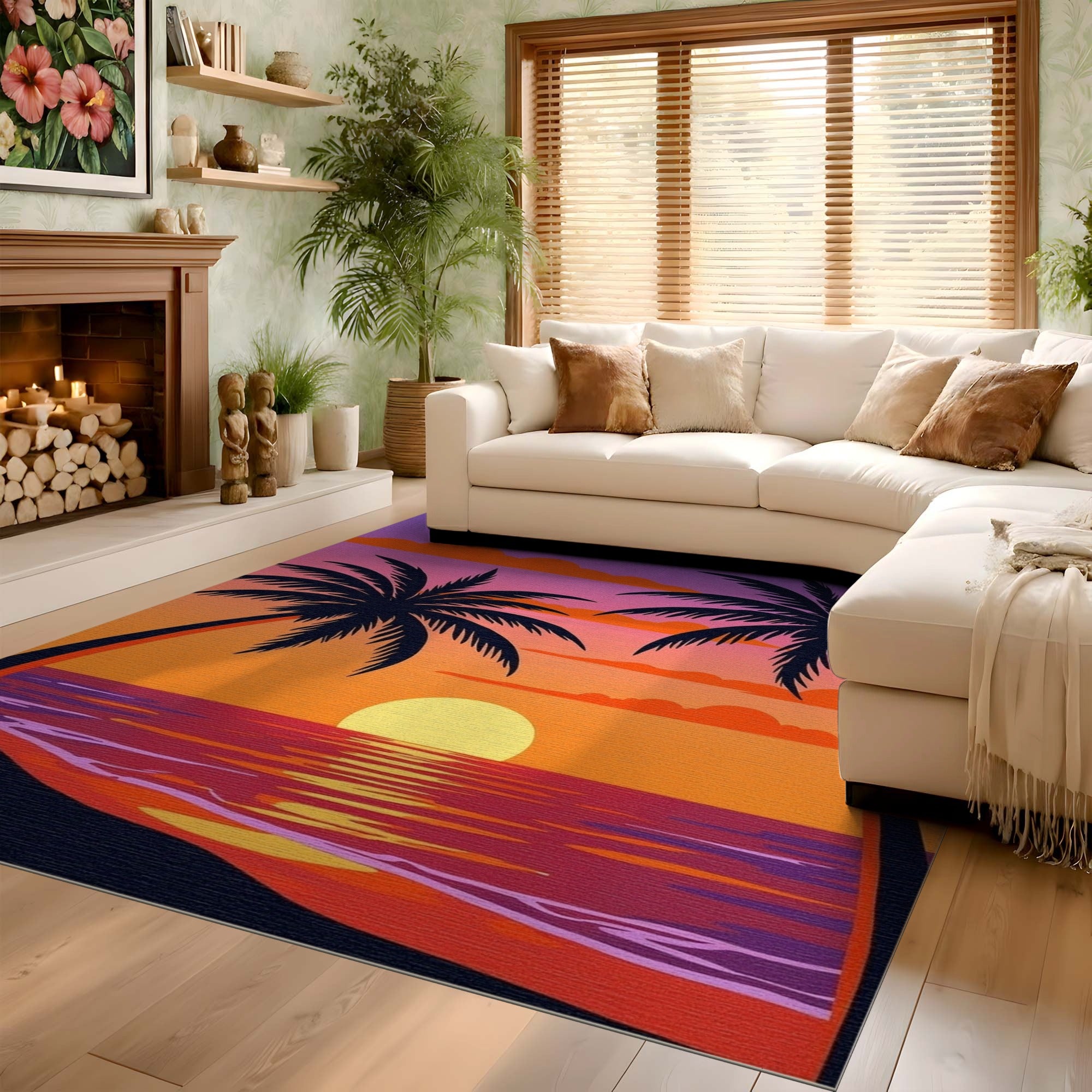 ODIKA Tropical Sunset Palm Tree Washable Area Rug - Low Pile Non-Slip Indoor Rug