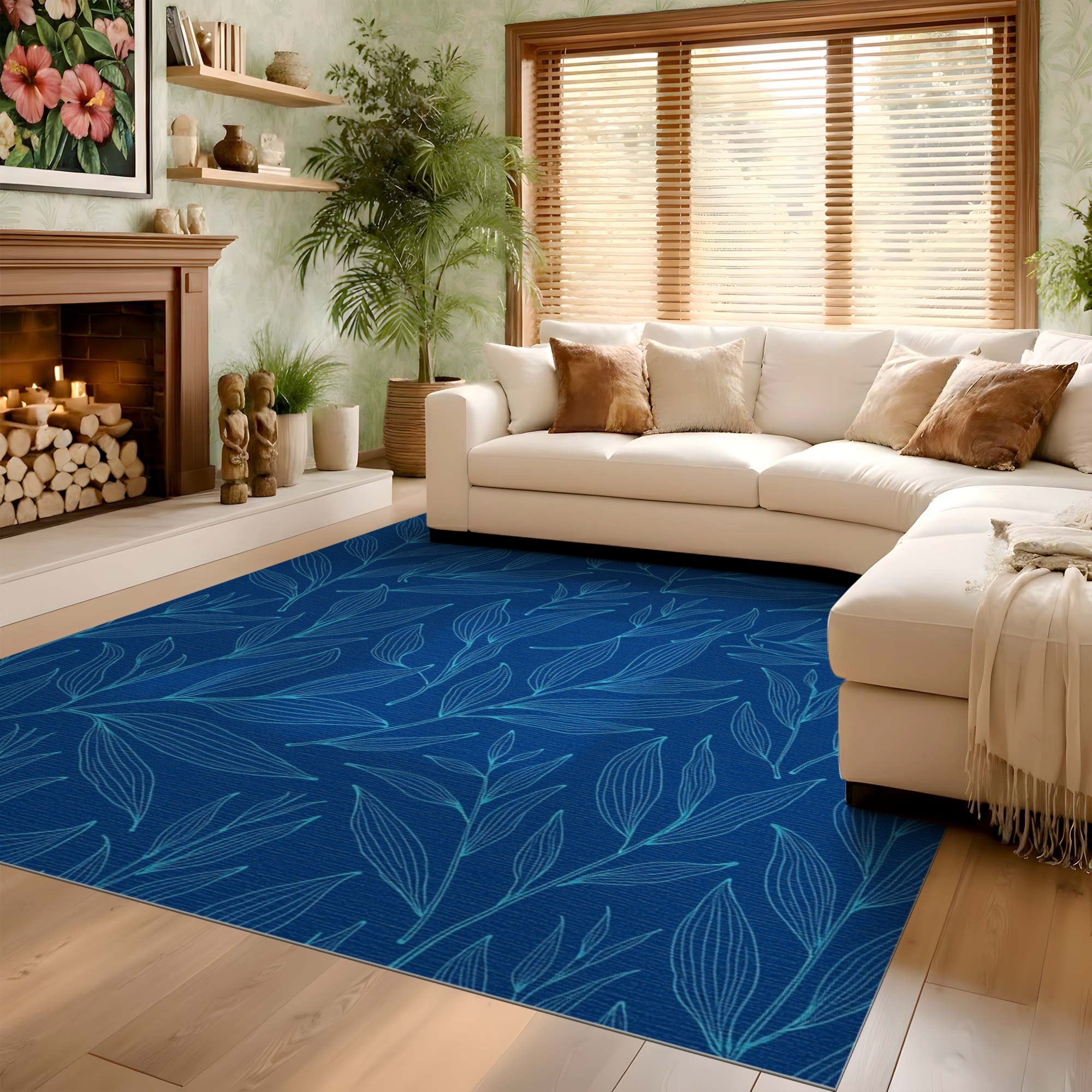 ODIKA Washable Blue Botanical Leaf Area Rug - Non-Slip Low Pile