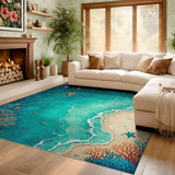 ODIKA Sea Turtle Coastal Washable Area Rug - Low Pile Non-Slip Tropical Beach Carpet