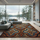 Ornate Copper and Blue Filigree Scroll Rug