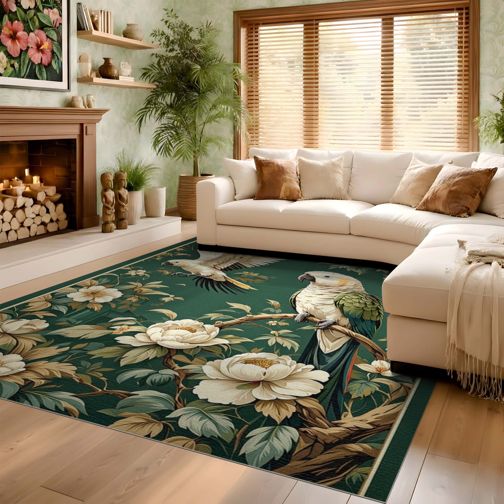 ODIKA Vintage Tropical Bird & Floral Washable Area Rug - Dark Green Low Pile Non-Slip Carpet