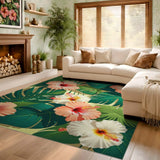 ODIKA Washable Tropical Hibiscus & Monstera Floral Area Rug - Low Pile Non-Slip
