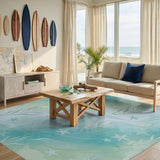 Blue Teal Starfish Seaweed Coastal Area Rug