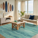 Teal Coastal Waves Washable Area Rug