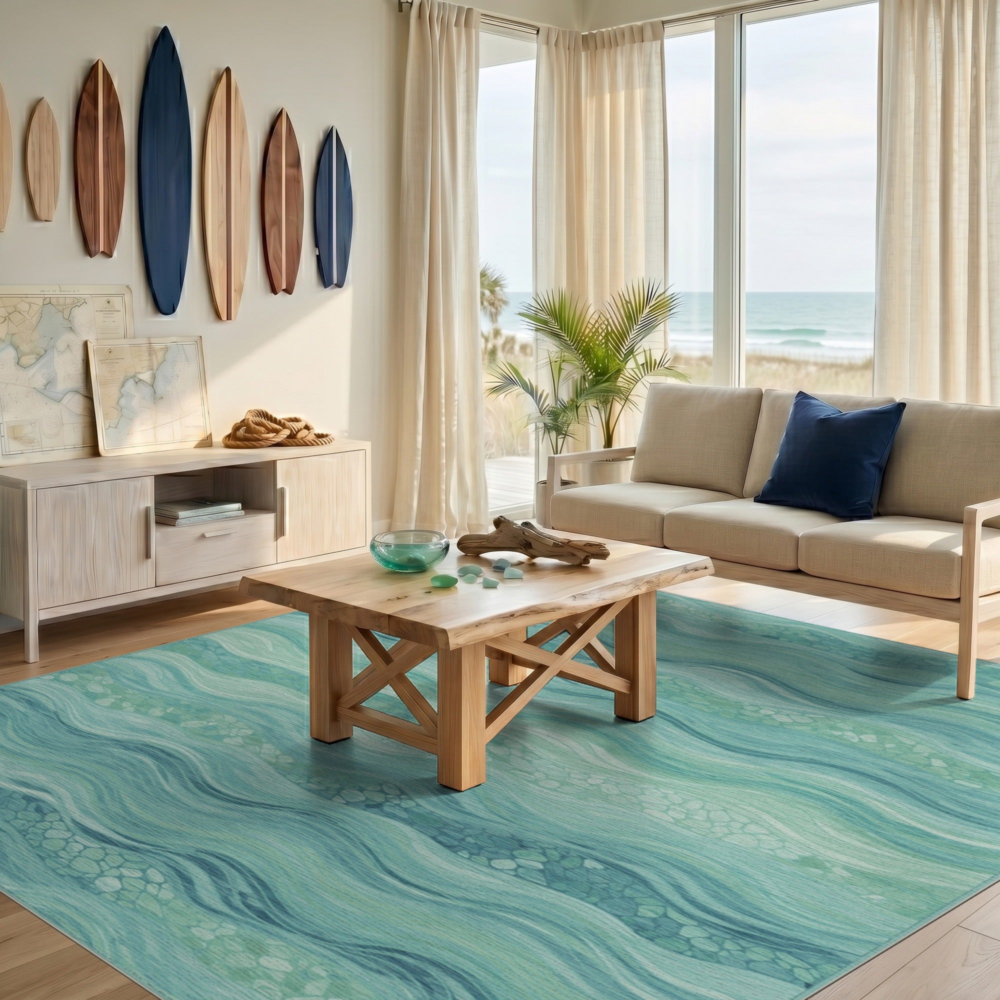 Teal Coastal Waves Washable Area Rug