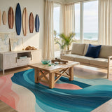 ODIKA Modern Abstract Coastal Waves Washable Rug - Low Pile Non-Slip Teal & Coral Art Decor