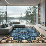 Blue Scallop Floral Ivory Frame Rug