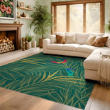 ODIKA Washable Tropical Gold Palm Leaf & Bird Area Rug, Low Pile Non-Slip Botanical Decor
