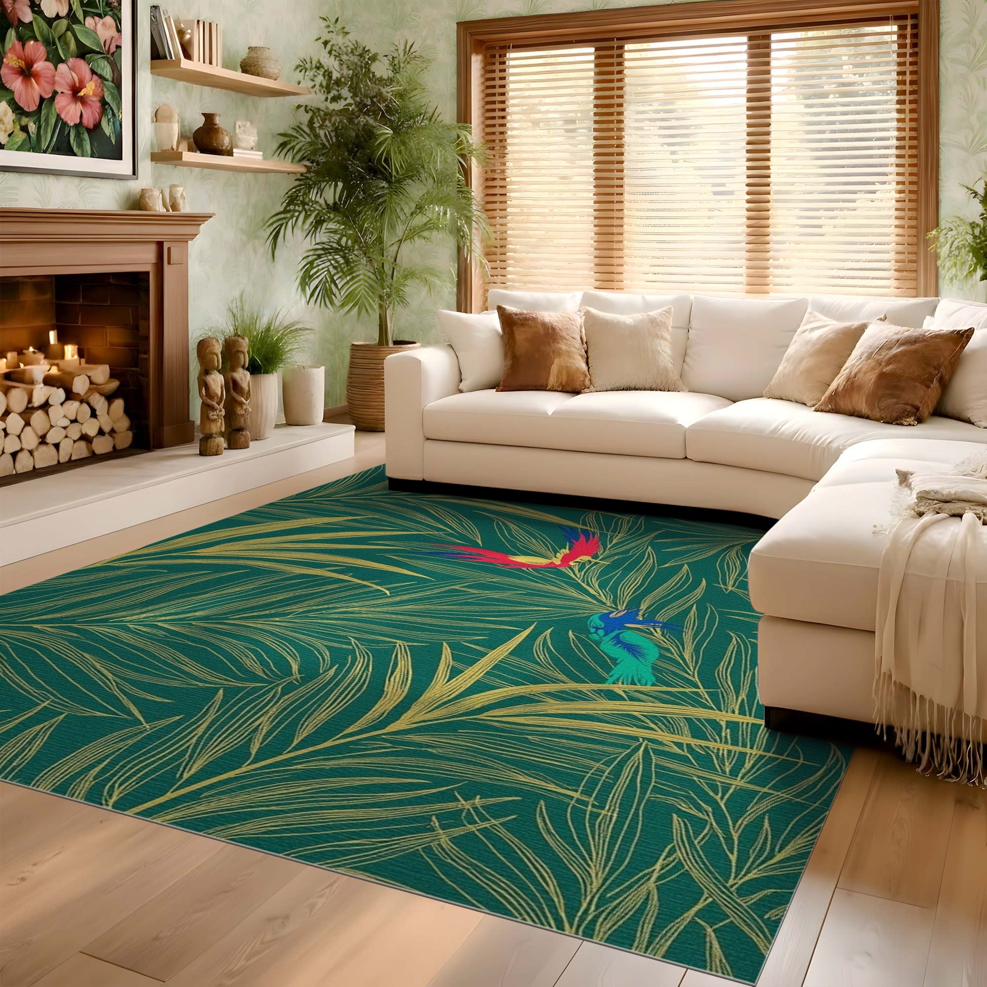 ODIKA Washable Tropical Gold Palm Leaf & Bird Area Rug, Low Pile Non-Slip Botanical Decor