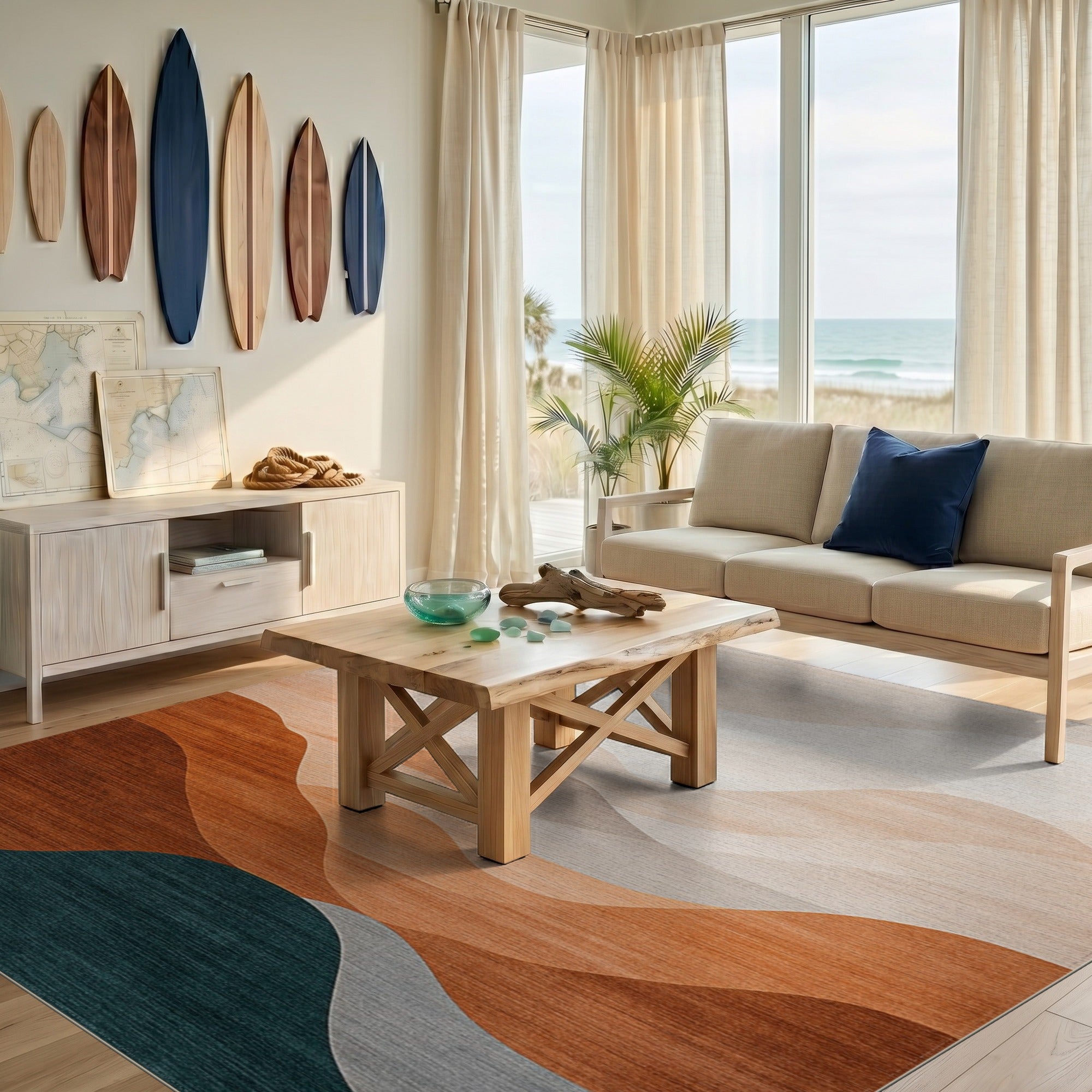Beige Orange Teal Layered Wave Abstract Rug