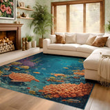 ODIKA Washable Underwater Sea Turtle Coral Reef Nursery Rug - Low Pile Non-Slip Area Rug