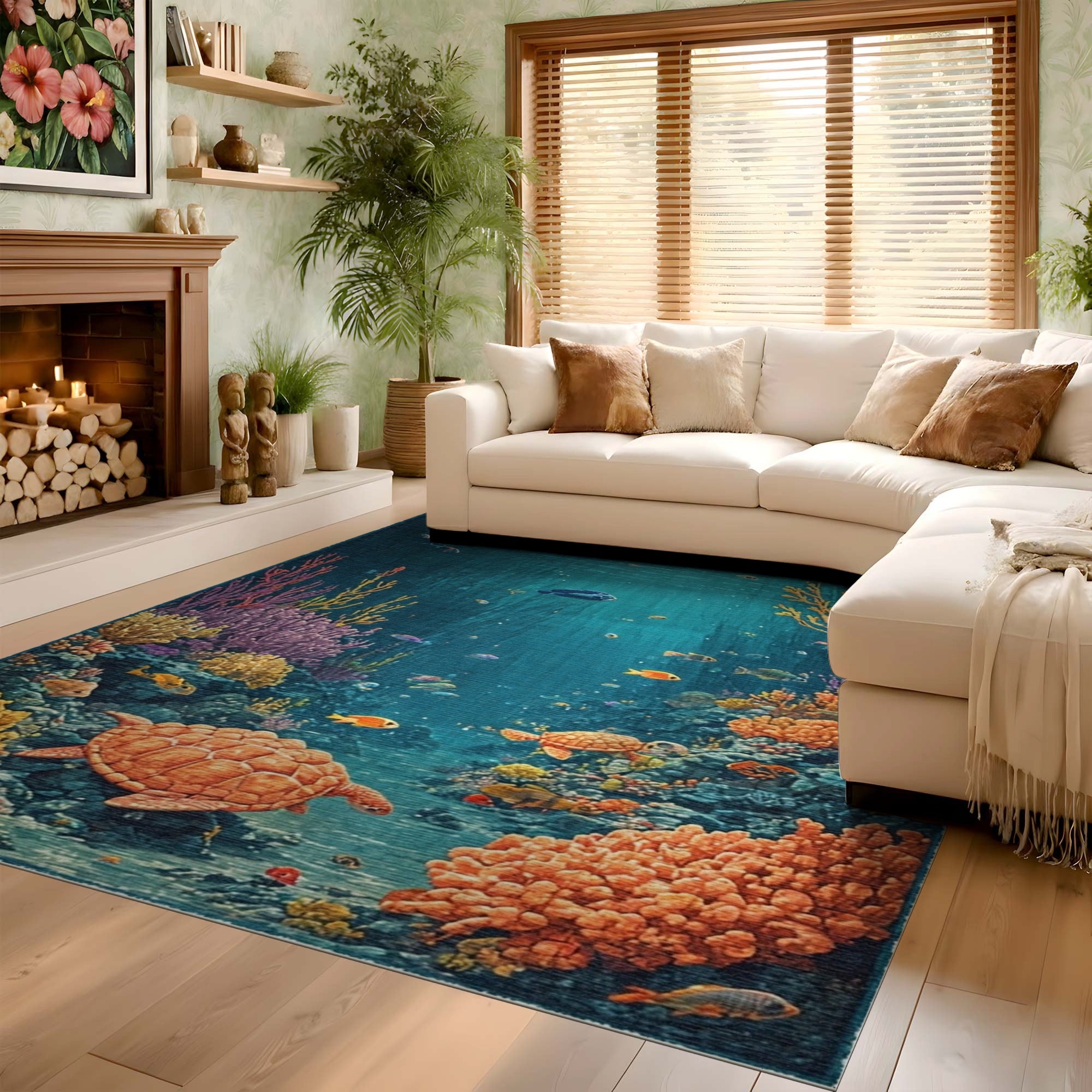 ODIKA Washable Underwater Sea Turtle Coral Reef Nursery Rug - Low Pile Non-Slip Area Rug
