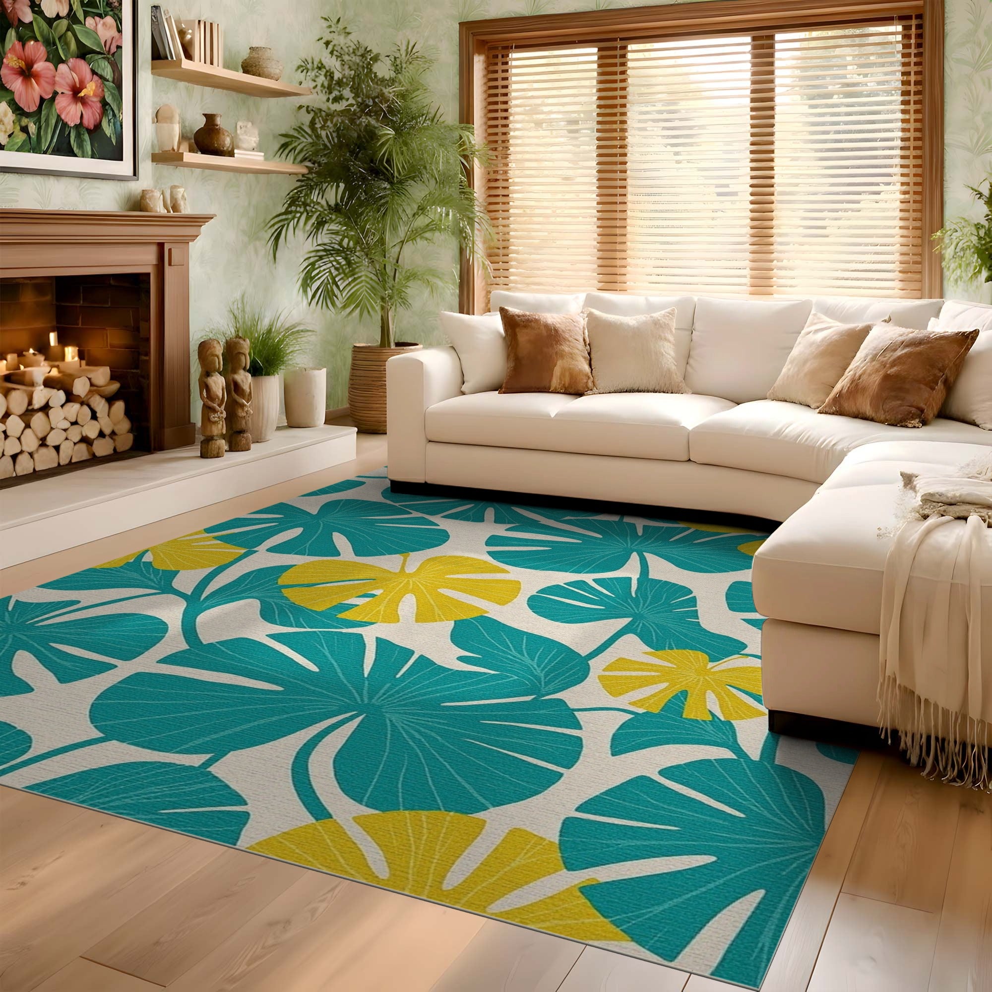 ODIKA Washable Teal & Yellow Botanical Leaf Area Rug - Low Pile Non-Slip Rug
