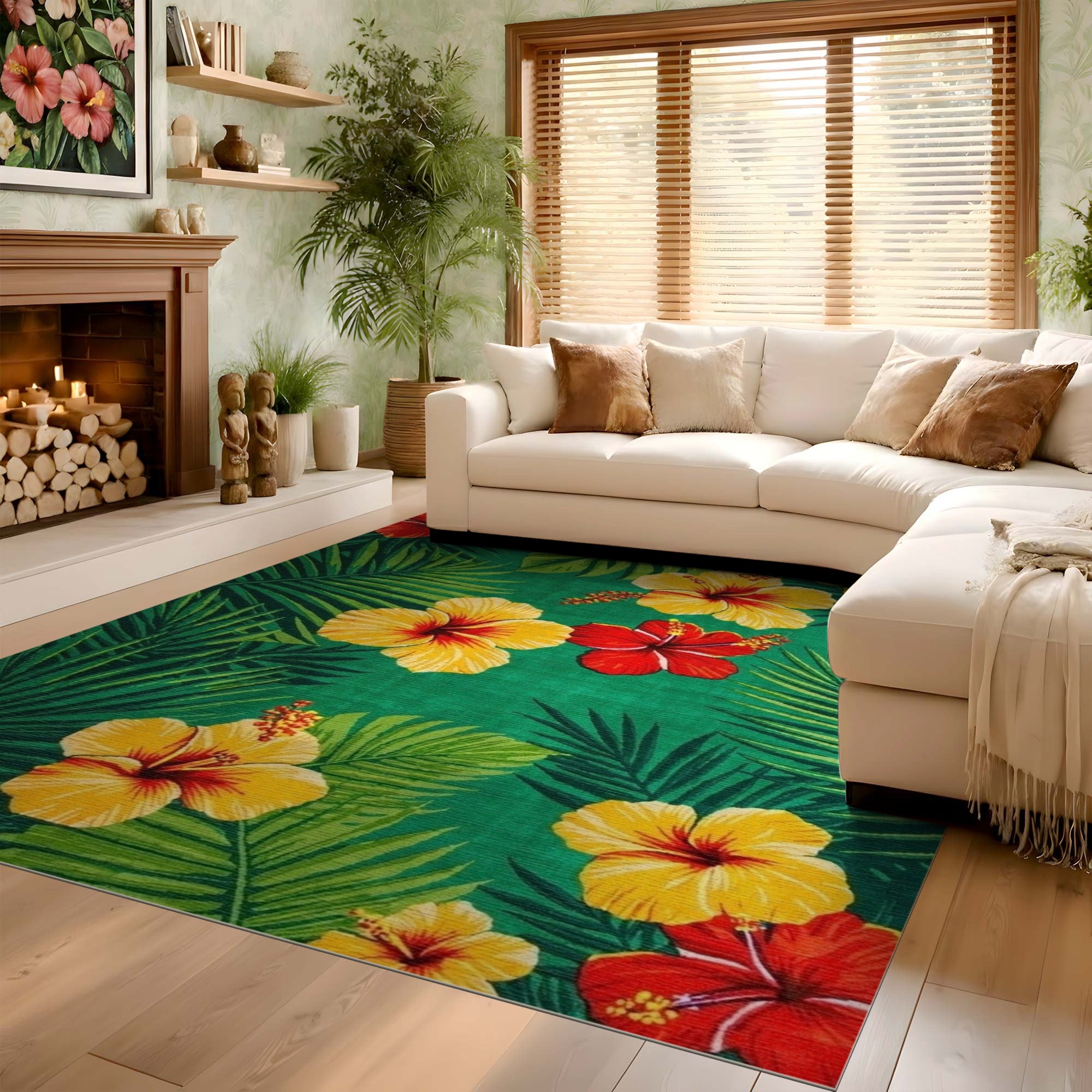 ODIKA Tropical Hibiscus Floral Washable Area Rug, Low Pile Non-Slip Green Carpet