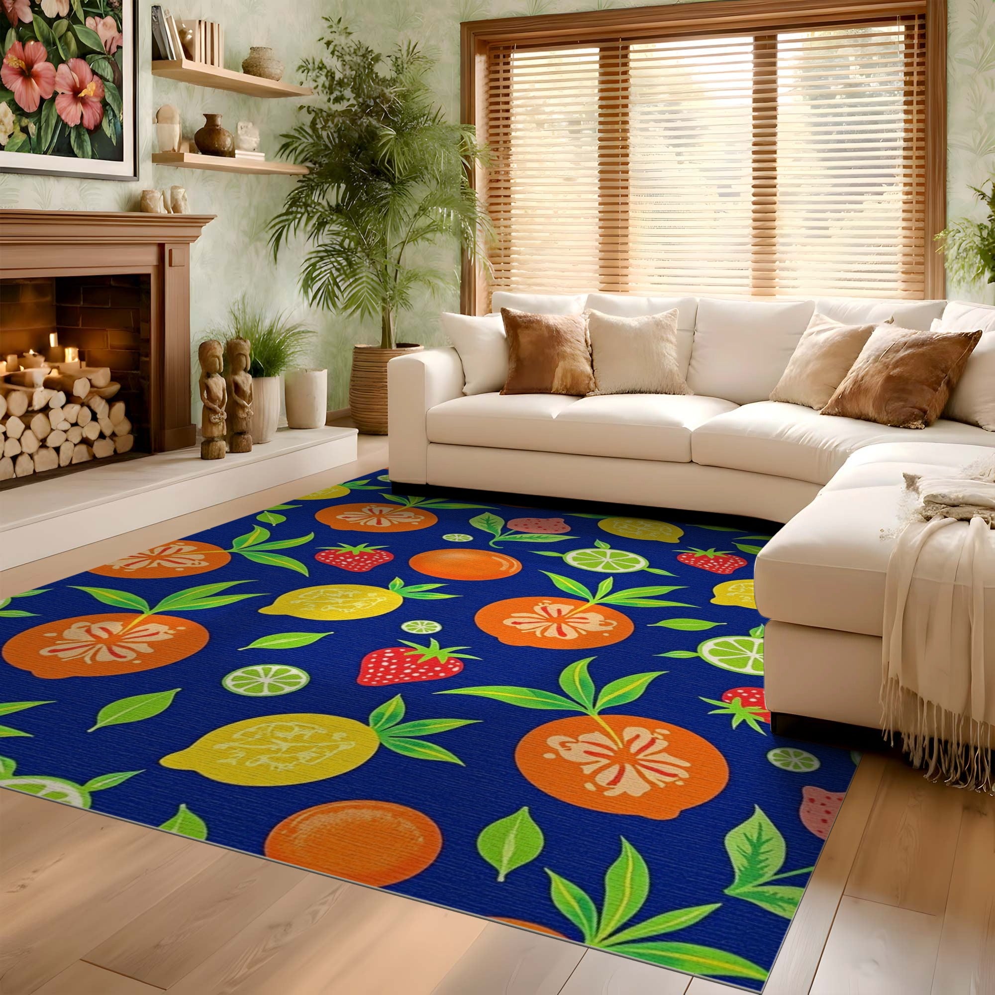 ODIKA Vibrant Tropical Fruit Washable Area Rug - Navy Blue Low Pile Non-Slip Carpet