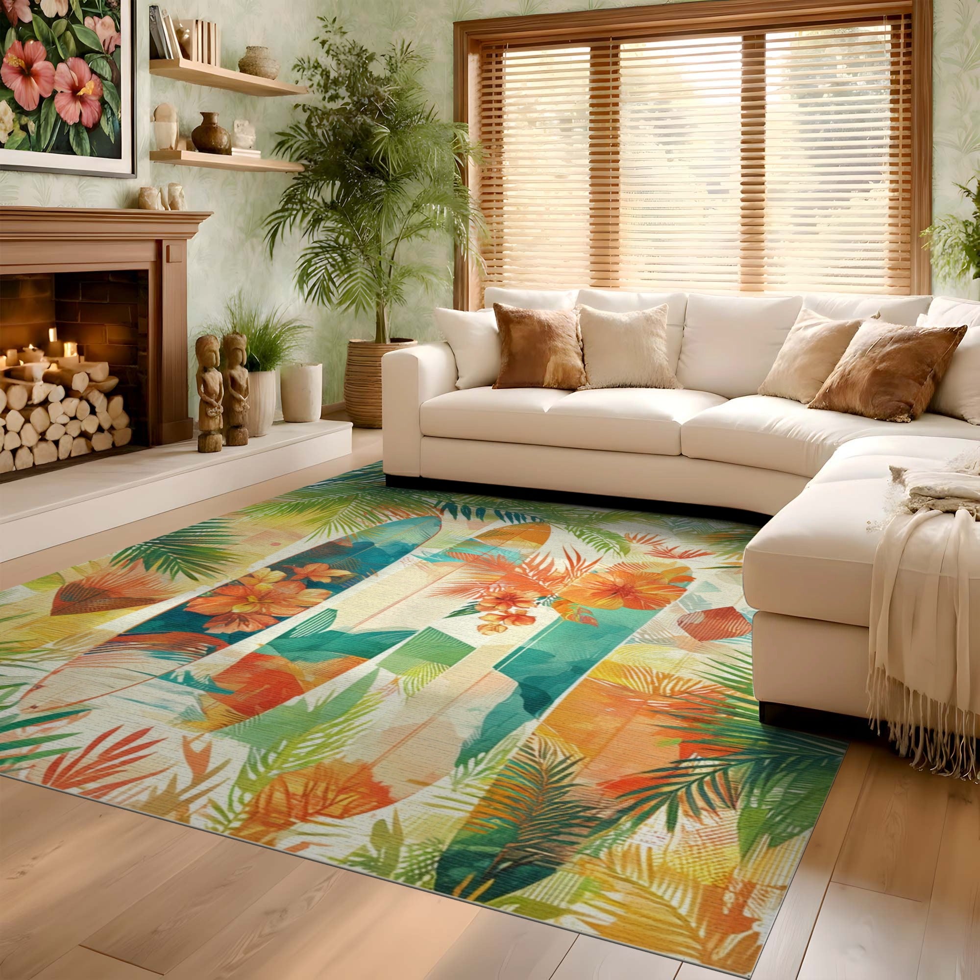 ODIKA Tropical Surfboard Art Washable Area Rug - Low Pile Non-Slip Coastal Decor