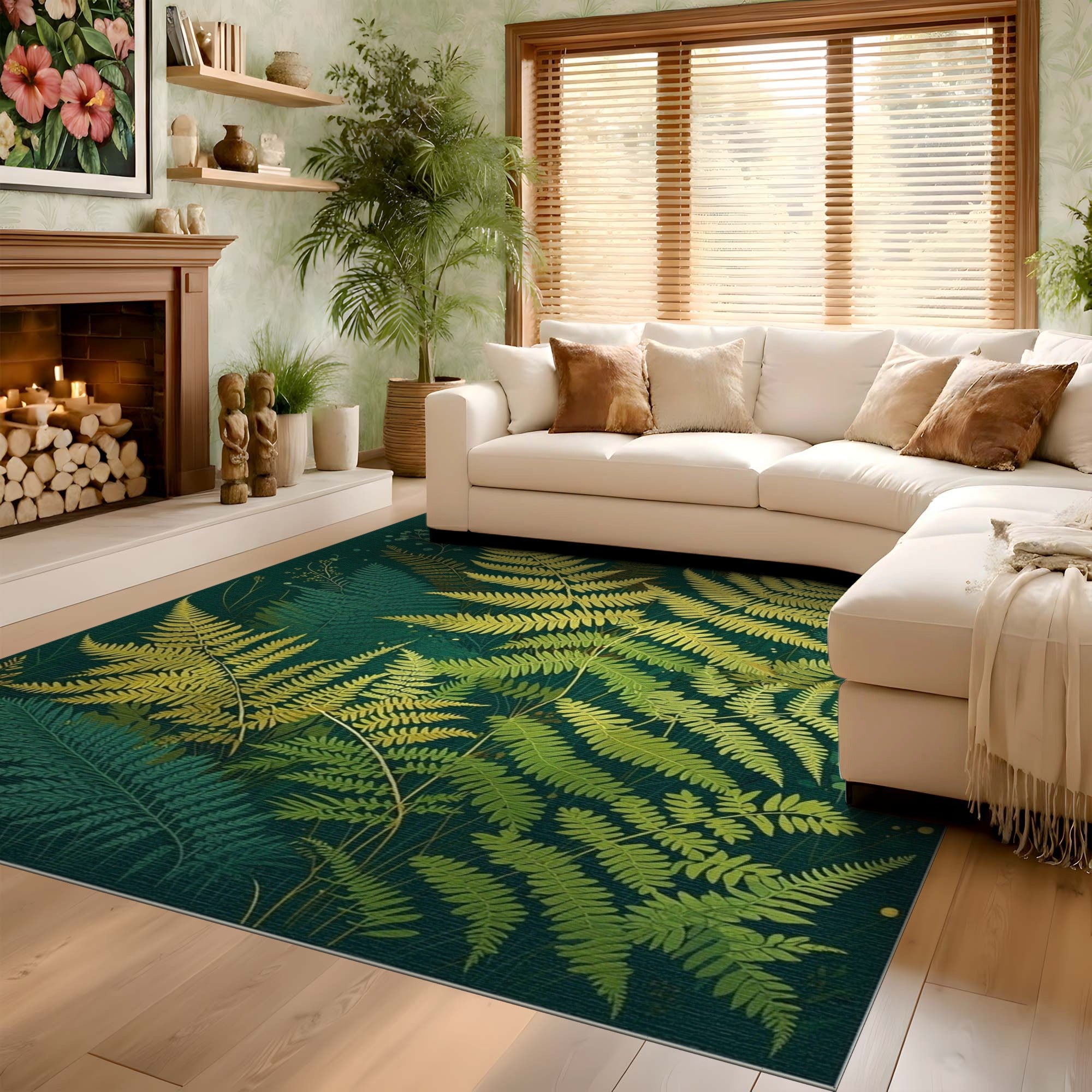 ODIKA Washable Dark Green Fern Botanical Area Rug - Low Pile Non-Slip Indoor Rug