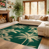 ODIKA Washable Tropical Palm Tree Area Rug - Emerald Green & Cream Low Pile Non-Slip