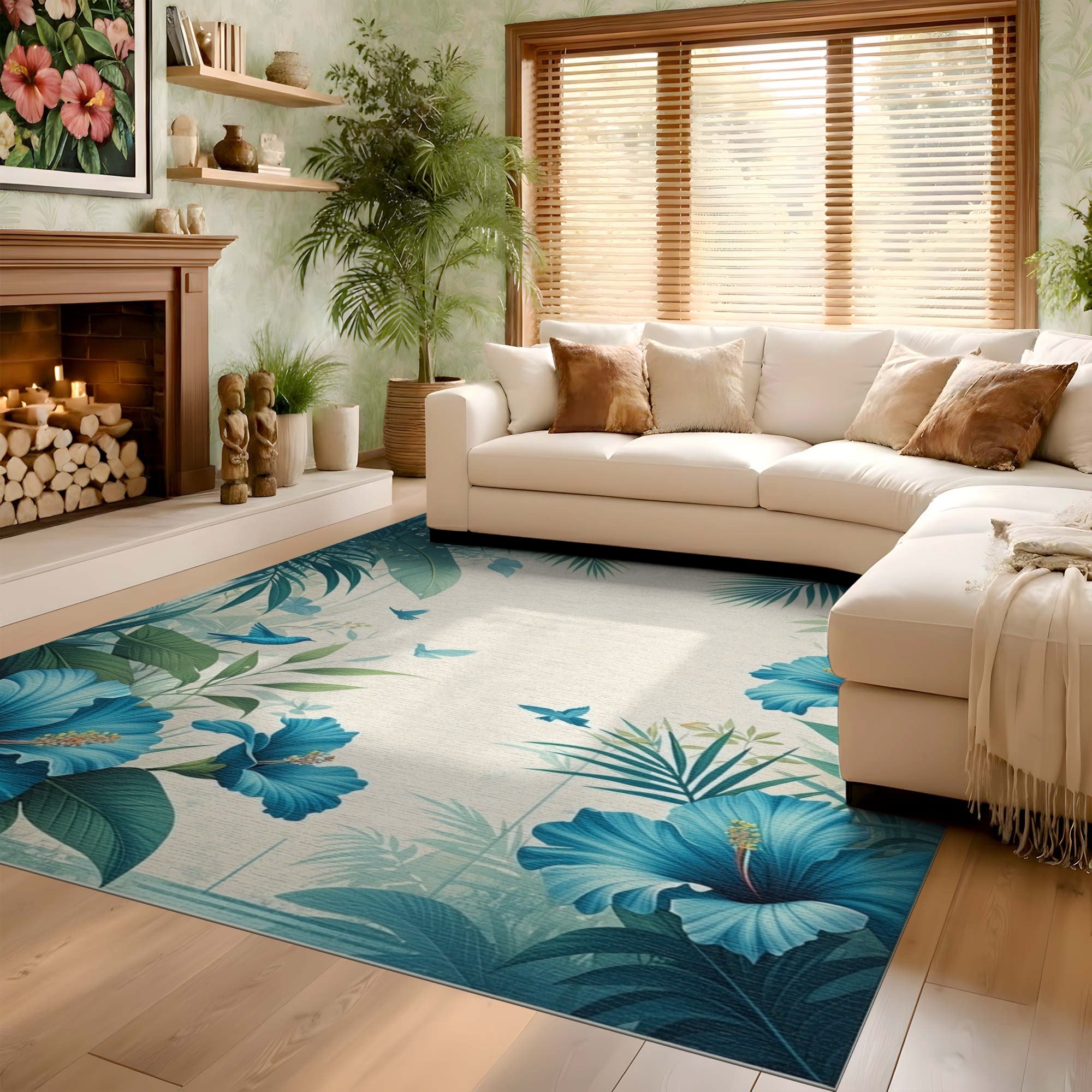 ODIKA Washable Blue Hibiscus Tropical Area Rug - Non-Slip Low Pile