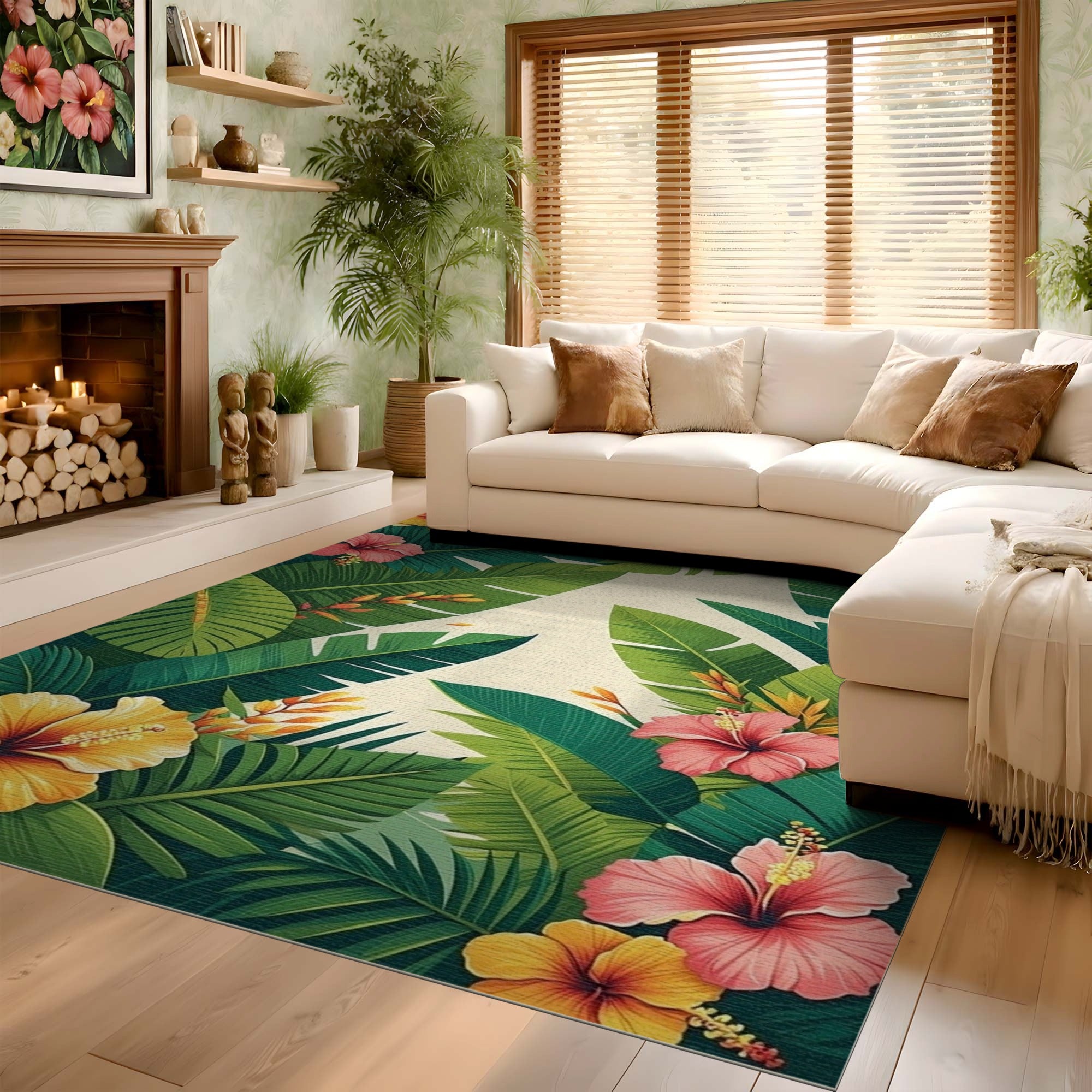 Washable Tropical Hibiscus Floral Low Pile Area Rug