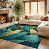 ODIKA Tropical Teal & Gold Leaf Washable Area Rug - Low Pile Non-Slip Indoor Carpet