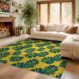 ODIKA Tropical Monstera Washable Area Rug, Yellow/Green Low Pile Non-Slip Carpet