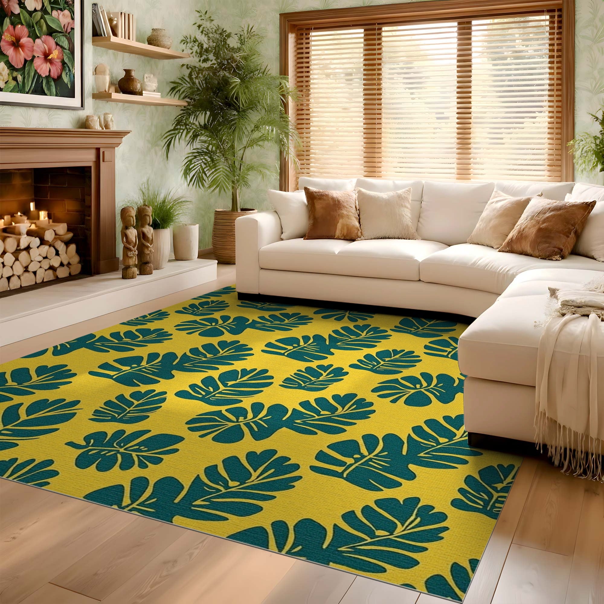 ODIKA Tropical Monstera Washable Area Rug, Yellow/Green Low Pile Non-Slip Carpet