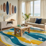 Coastal Blue Teal Waves Starfish Area Rug