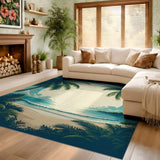 ODIKA Vintage Tropical Beach Washable Rug - Teal Palm Tree Low Pile Non-Slip Area Rug