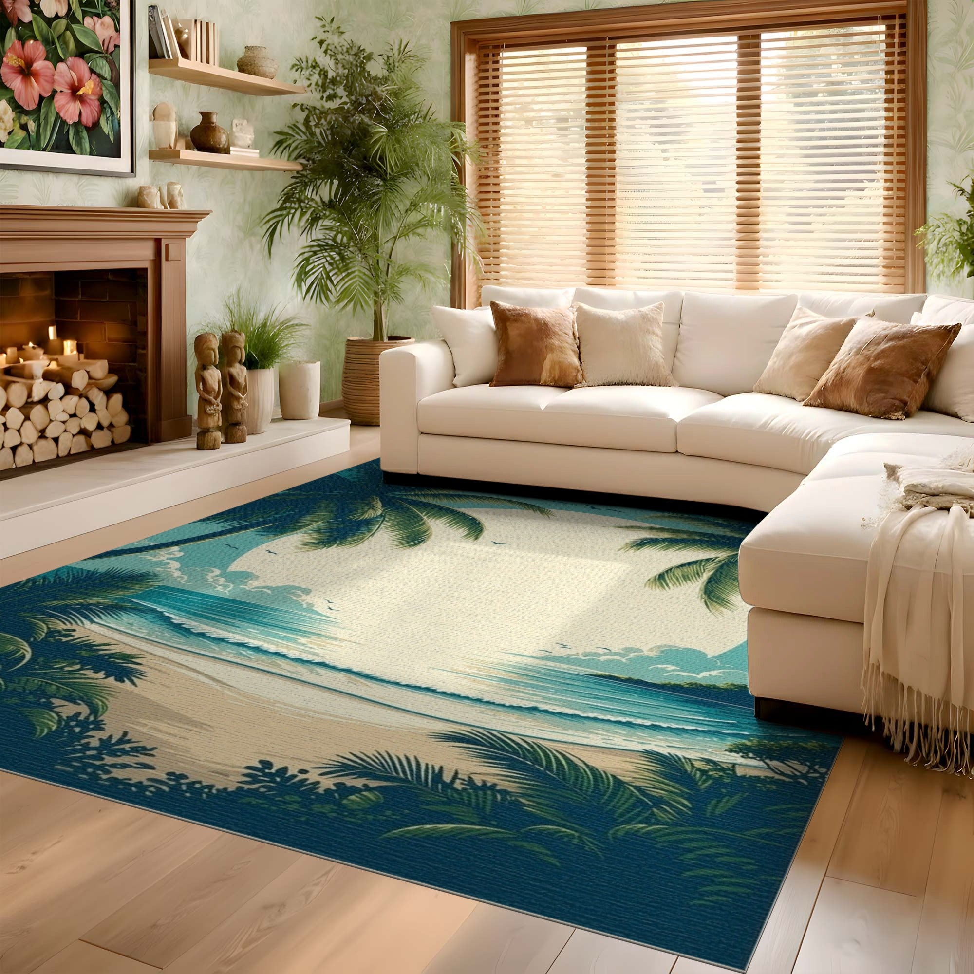 ODIKA Vintage Tropical Beach Washable Rug - Teal Palm Tree Low Pile Non-Slip Area Rug